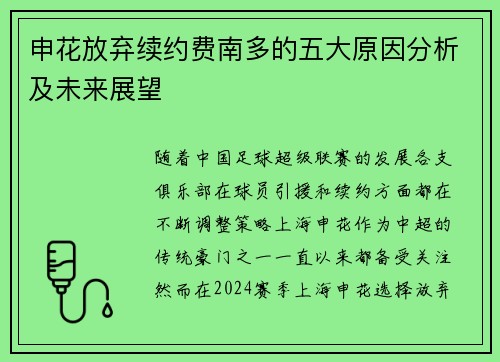 申花放弃续约费南多的五大原因分析及未来展望 申花放弃续约费南多的五大原因分析及未来展望